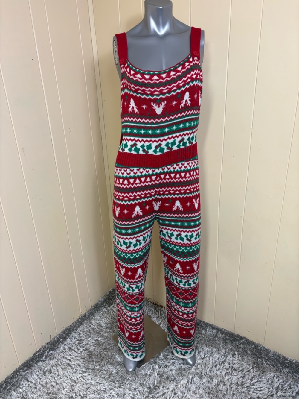 Born Famous Christmas Ugly Sweater Jumpsuit Overalls Fair Isle Print Size XL